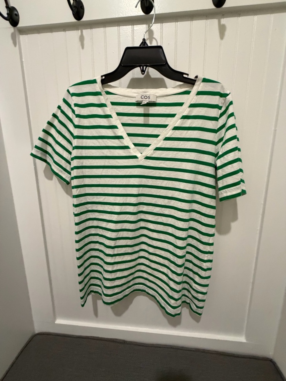 COS Green and White Striped V-Neck Short Sleeve Top - Picture 2 of 3